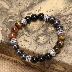 Bracelet en Pierres de Protection : Oeil de Tigre, Obsidienne et Hématite pour Force et Équilibre