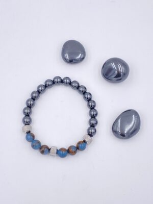 Bracelet en Hématite et Quartz Bleu Veiné
