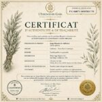 Beige ornate certificate of authenticity with decorative wheat motifs, showing product, origin, importer, and official seals.