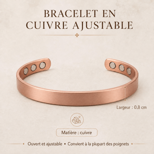 Bracelet en cuivre ajustable, ouvert, avec trois aimants visibles sur chaque extrémité, pose sur fond clair ou beige.