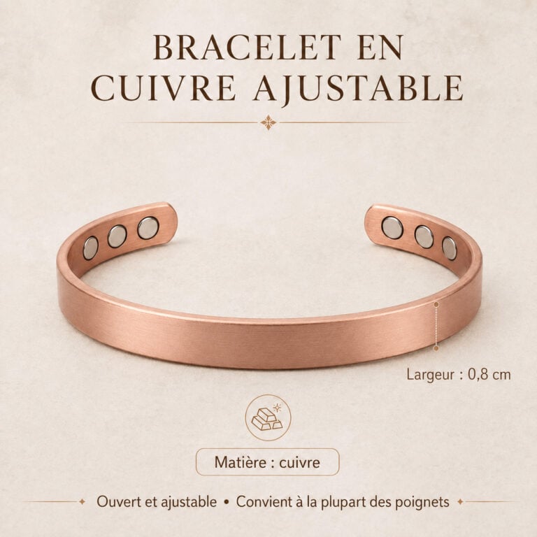Bracelet en cuivre ajustable, ouvert, avec trois aimants visibles sur chaque extrémité, pose sur fond clair ou beige.
