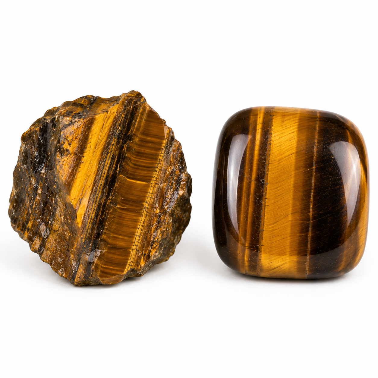 Two tiger's eye stones, one rough and one polished cabochon, showing golden-brown chatoyancy on a white background.