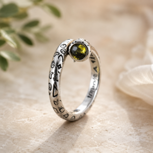 Close-up of a silver ring featuring an olive-green gemstone in a bezel setting, with decorative black engravings along the band on a beige surface.
