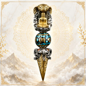 Ornate dagger with a golden Buddha statue atop a turquoise-inlaid pommel, set against a mandala backdrop.