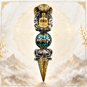 Ornate dagger with a golden Buddha statue atop a turquoise-inlaid pommel, set against a mandala backdrop.