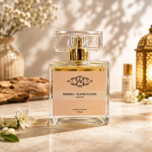 Clear glass perfume bottle with a gold cap and a pastel pink label that reads Neroli - Ylang Ylang, 100 ml, on a sunny countertop with decorative decor in the background.