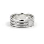 Close-up of a polished silver ring with a modern triple-band design and geometric cutouts on a white background.