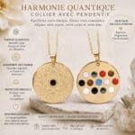 Two gold circular pendant necklaces on a beige background; one side shows an atom-like design, the other side features multicolored stones.