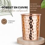Copper hammered goblet on a wooden base; artisanal handmade, 99% pure copper (gobelet en cuivre, fabrication artisanale).