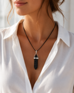 Close-up of a woman wearing a black crystal pendant on a black cord necklace over a white button-down shirt.