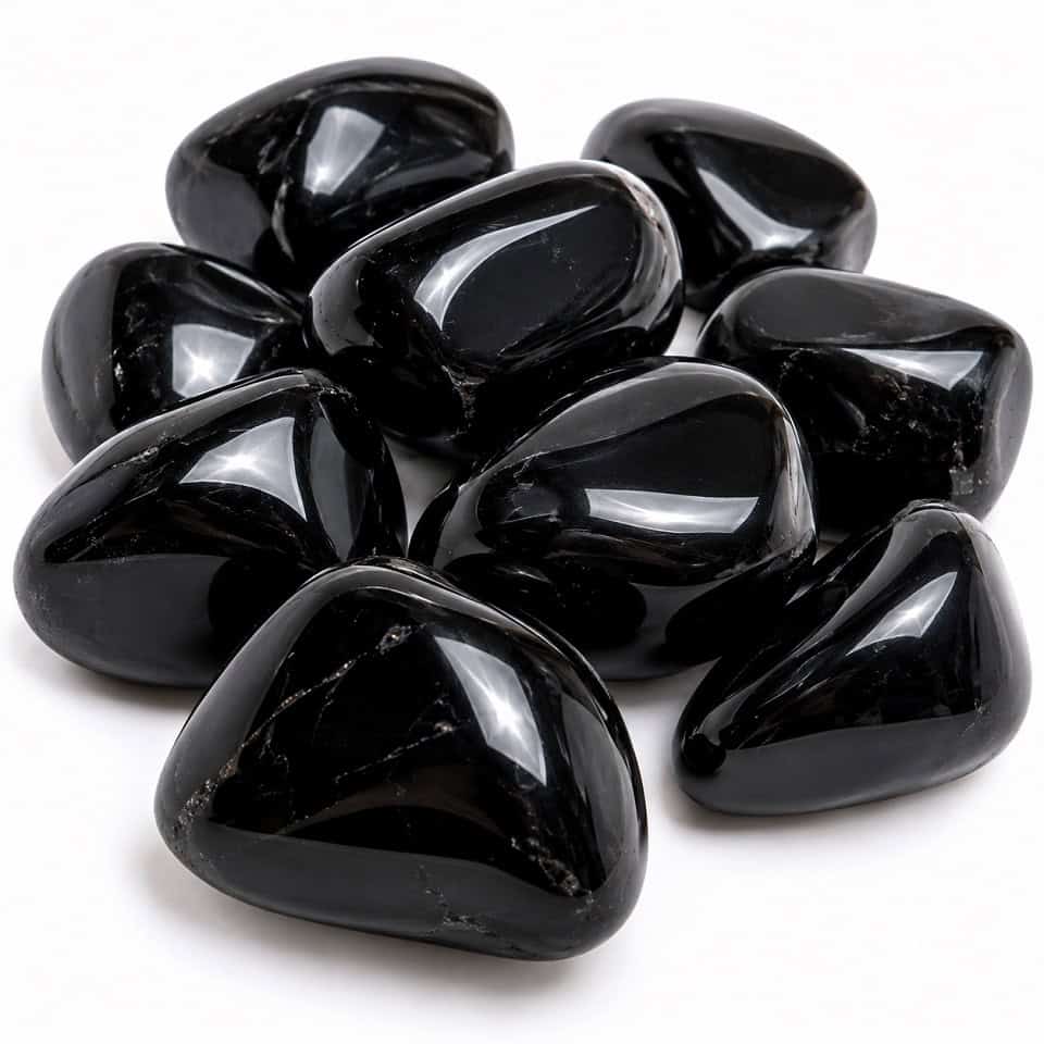 Obsidienne noire polie naturelle, pierre roulée volcanique brillante sur fond blanc